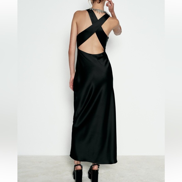 NWT Zara V-Neck Satin Effect Open Back Midi Dress - Picture 4 of 7